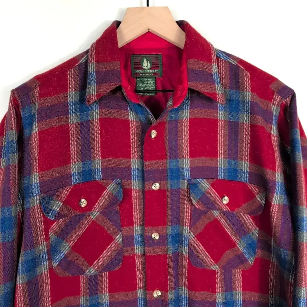 High Sierra Wool Plaid Shacket Men’s Med Red Blue Quilted Hunting Jacket Vintage - Picture 4 of 16